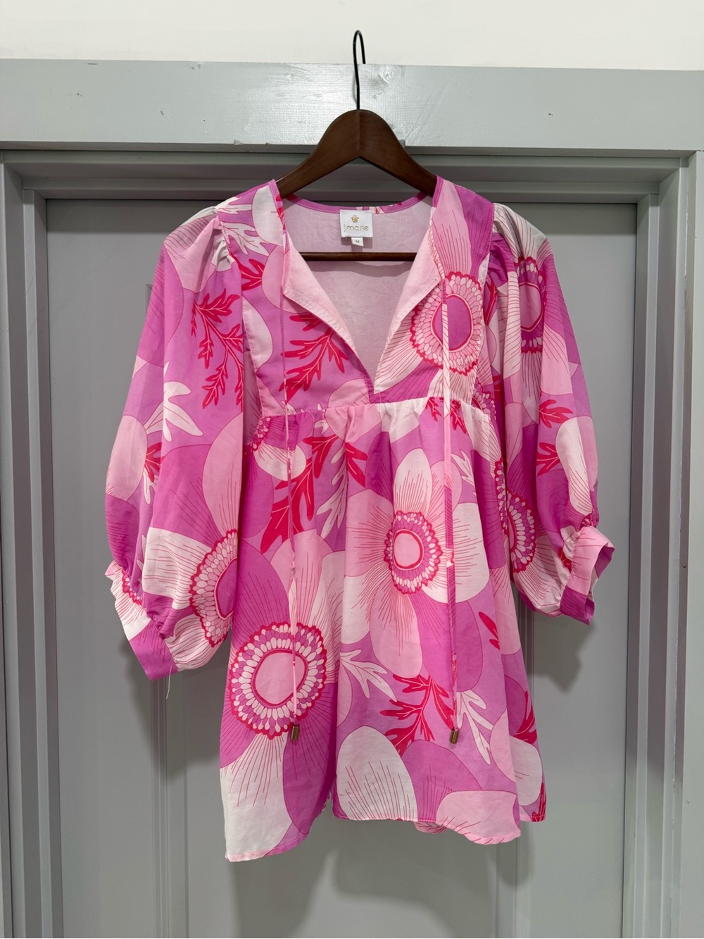 J Marie pink floral tie neck blouse Large